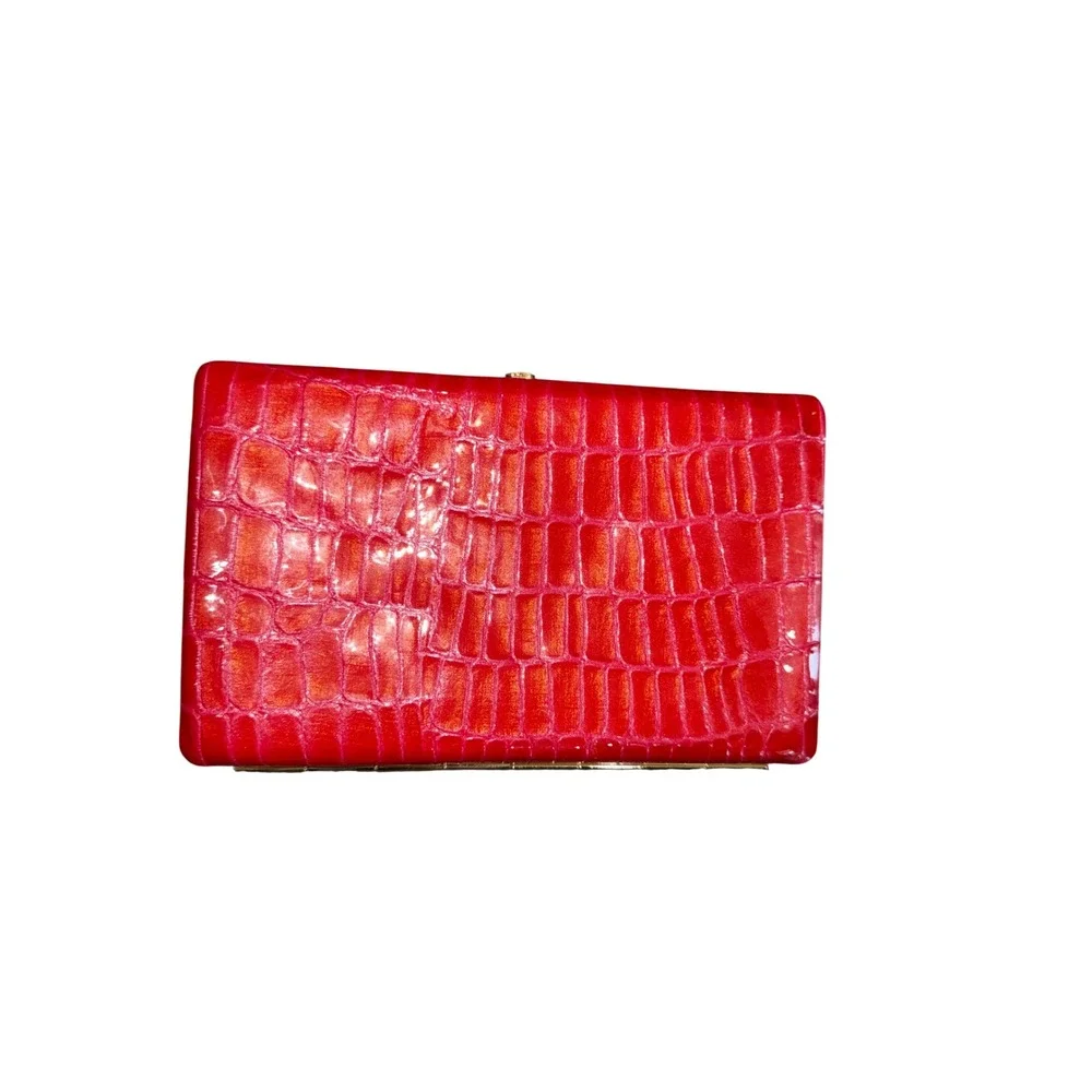 Abas Red Glossy Crocodile Embossed Leather Clutch Wallet Gold Frame